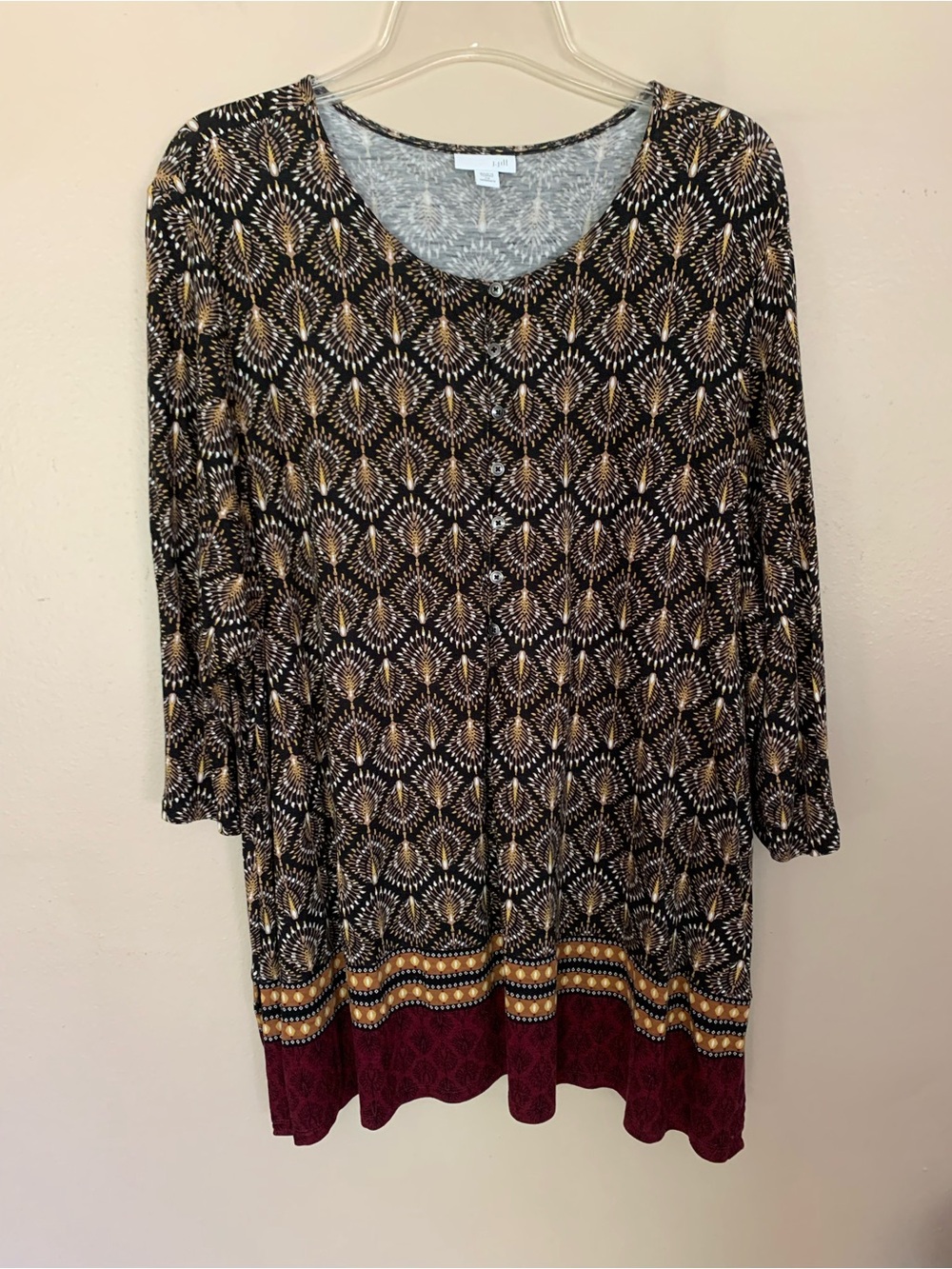 j jill Women Sz.2X bordeaux fan geoborder print knit pullover NWOT